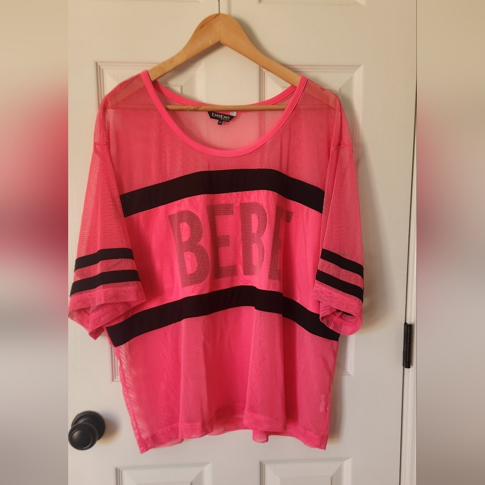 Bebe Sport Neon Pink Black Mesh Athletic Jersey Top Size 3X Oversized